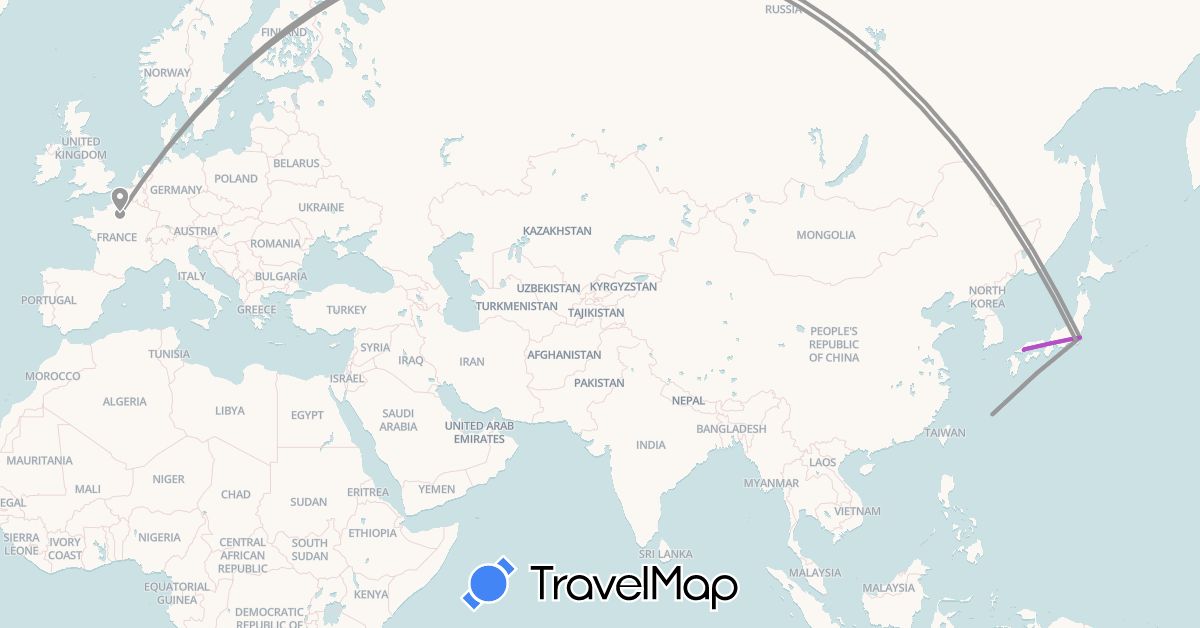 TravelMap itinerary: driving, plane, train, boat in France, Japan (Asia, Europe)
